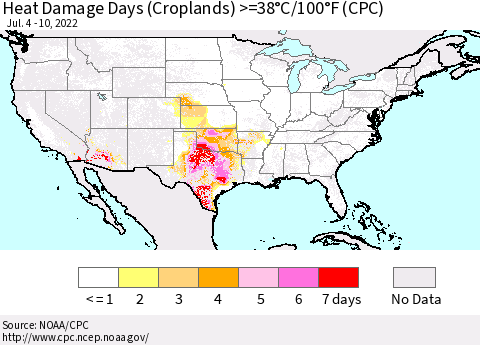 United States Heat Damage Days (Croplands) >=38°C/100.4°F (CPC) Thematic Map For 7/4/2022 - 7/10/2022