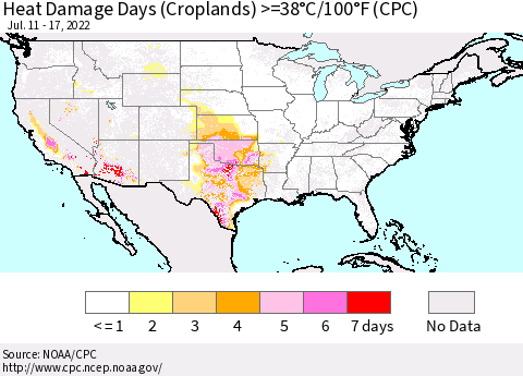 United States Heat Damage Days (Croplands) >=38°C/100.4°F (CPC) Thematic Map For 7/11/2022 - 7/17/2022