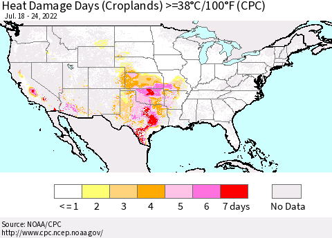 United States Heat Damage Days (Croplands) >=38°C/100°F (CPC) Thematic Map For 7/18/2022 - 7/24/2022