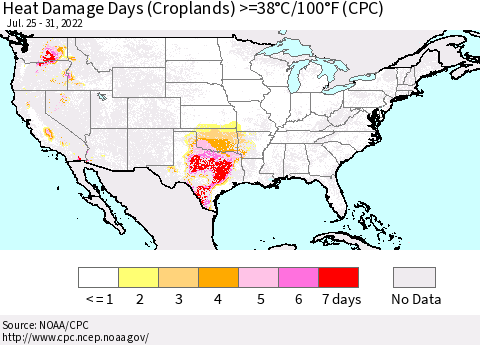 United States Heat Damage Days (Croplands) >=38°C/100.4°F (CPC) Thematic Map For 7/25/2022 - 7/31/2022