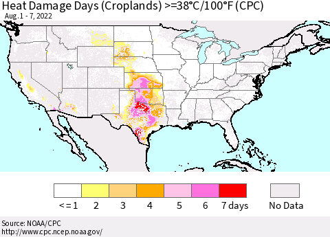 United States Heat Damage Days (Croplands) >=38°C/100°F (CPC) Thematic Map For 8/1/2022 - 8/7/2022