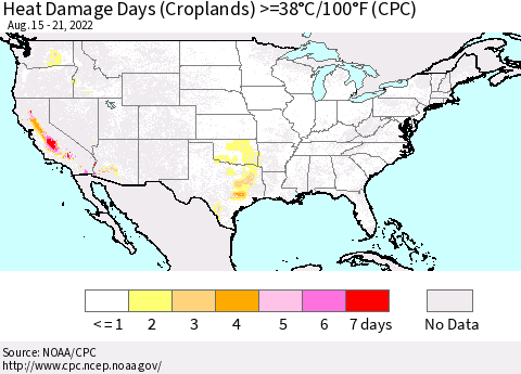 United States Heat Damage Days (Croplands) >=38°C/100°F (CPC) Thematic Map For 8/15/2022 - 8/21/2022