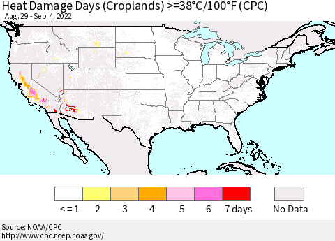 United States Heat Damage Days (Croplands) >=38°C/100°F (CPC) Thematic Map For 8/29/2022 - 9/4/2022