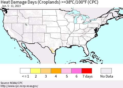 United States Heat Damage Days (Croplands) >=38°C/100°F (CPC) Thematic Map For 6/5/2023 - 6/11/2023