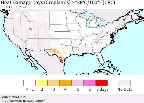 United States Heat Damage Days (Croplands) >=38°C/100°F (CPC) Thematic Map For 6/12/2023 - 6/18/2023