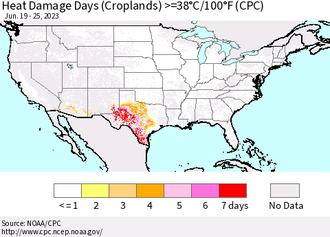 United States Heat Damage Days (Croplands) >=38°C/100°F (CPC) Thematic Map For 6/19/2023 - 6/25/2023