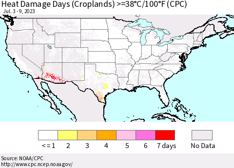 United States Heat Damage Days (Croplands) >=38°C/100°F (CPC) Thematic Map For 7/3/2023 - 7/9/2023