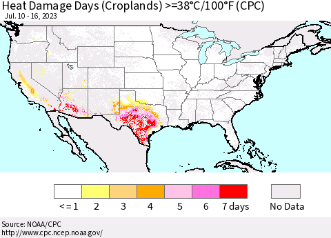 United States Heat Damage Days (Croplands) >=38°C/100°F (CPC) Thematic Map For 7/10/2023 - 7/16/2023