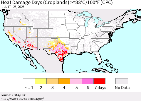 United States Heat Damage Days (Croplands) >=38°C/100°F (CPC) Thematic Map For 7/17/2023 - 7/23/2023