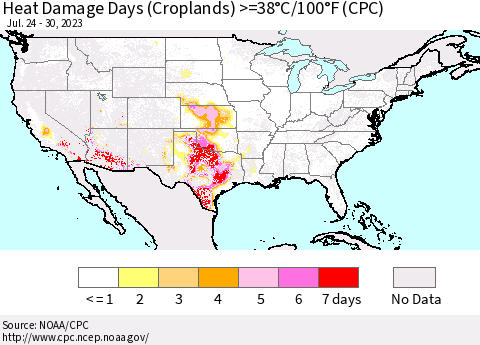 United States Heat Damage Days (Croplands) >=38°C/100°F (CPC) Thematic Map For 7/24/2023 - 7/30/2023