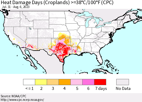 United States Heat Damage Days (Croplands) >=38°C/100°F (CPC) Thematic Map For 7/31/2023 - 8/6/2023