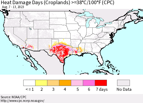 United States Heat Damage Days (Croplands) >=38°C/100°F (CPC) Thematic Map For 8/7/2023 - 8/13/2023
