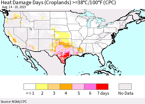United States Heat Damage Days (Croplands) >=38°C/100°F (CPC) Thematic Map For 8/14/2023 - 8/20/2023