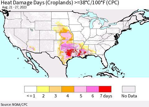 United States Heat Damage Days (Croplands) >=38°C/100°F (CPC) Thematic Map For 8/21/2023 - 8/27/2023