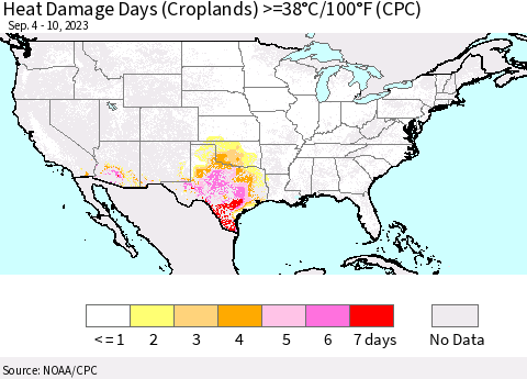 United States Heat Damage Days (Croplands) >=38°C/100°F (CPC) Thematic Map For 9/4/2023 - 9/10/2023