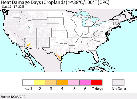 United States Heat Damage Days (Croplands) >=38°C/100°F (CPC) Thematic Map For 9/11/2023 - 9/17/2023