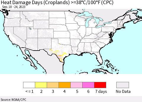 United States Heat Damage Days (Croplands) >=38°C/100°F (CPC) Thematic Map For 9/18/2023 - 9/24/2023