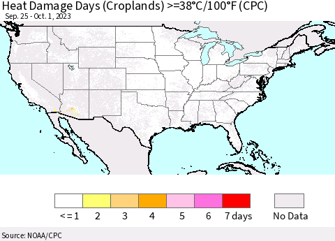 United States Heat Damage Days (Croplands) >=38°C/100°F (CPC) Thematic Map For 9/25/2023 - 10/1/2023