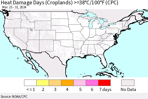 United States Heat Damage Days (Croplands) >=38°C/100°F (CPC) Thematic Map For 3/25/2024 - 3/31/2024