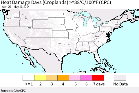 United States Heat Damage Days (Croplands) >=38°C/100°F (CPC) Thematic Map For 4/29/2024 - 5/5/2024