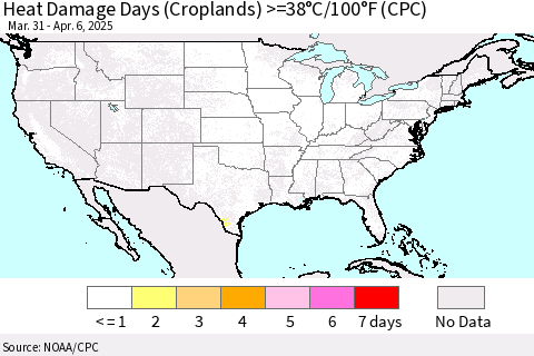 United States Heat Damage Days (Croplands) >=38°C/100°F (CPC) Thematic Map For 3/31/2025 - 4/6/2025