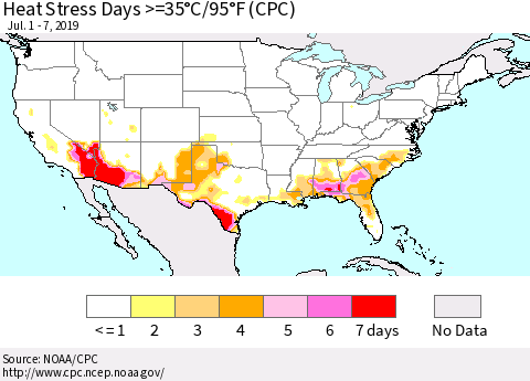 United States Heat Stress Days >=35°C/95°F (CPC) Thematic Map For 7/1/2019 - 7/7/2019