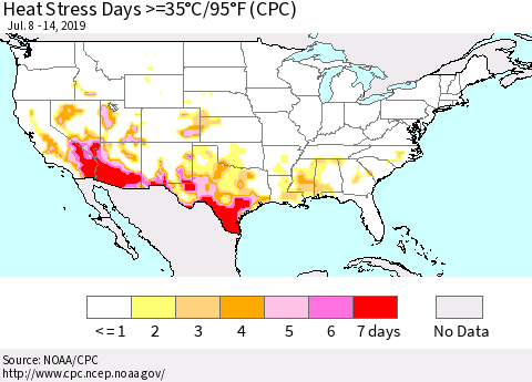 United States Heat Stress Days >=35°C/95°F (CPC) Thematic Map For 7/8/2019 - 7/14/2019