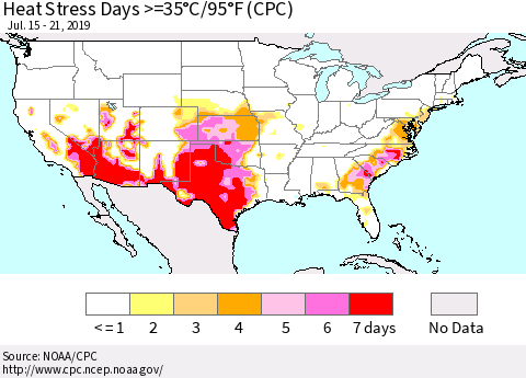 United States Heat Stress Days >=35°C/95°F (CPC) Thematic Map For 7/15/2019 - 7/21/2019