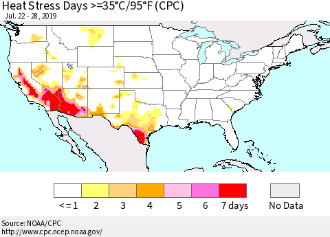 United States Heat Stress Days >=35°C/95°F (CPC) Thematic Map For 7/22/2019 - 7/28/2019