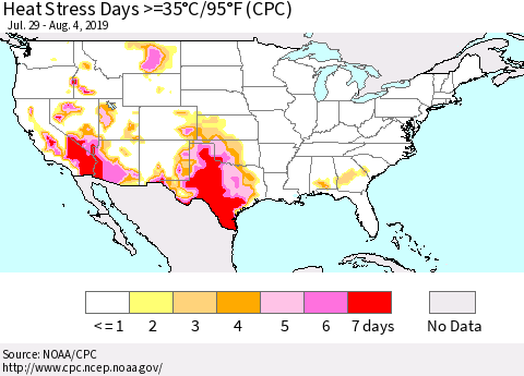 United States Heat Stress Days >=35°C/95°F (CPC) Thematic Map For 7/29/2019 - 8/4/2019