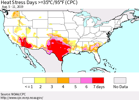 United States Heat Stress Days >=35°C/95°F (CPC) Thematic Map For 8/5/2019 - 8/11/2019