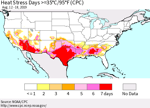 United States Heat Stress Days >=35°C/95°F (CPC) Thematic Map For 8/12/2019 - 8/18/2019