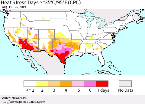 United States Heat Stress Days >=35°C/95°F (CPC) Thematic Map For 8/19/2019 - 8/25/2019