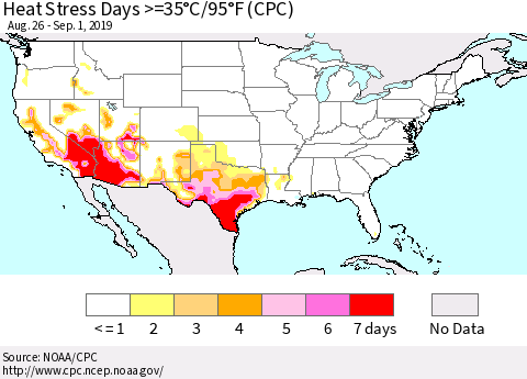 United States Heat Stress Days >=35°C/95°F (CPC) Thematic Map For 8/26/2019 - 9/1/2019
