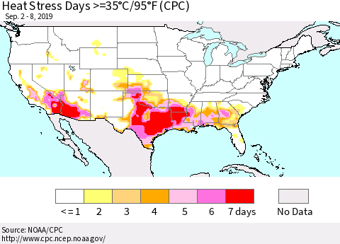 United States Heat Stress Days >=35°C/95°F (CPC) Thematic Map For 9/2/2019 - 9/8/2019