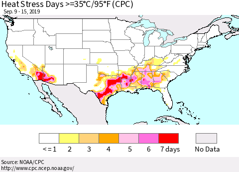 United States Heat Stress Days >=35°C/95°F (CPC) Thematic Map For 9/9/2019 - 9/15/2019