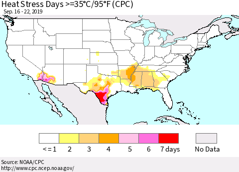 United States Heat Stress Days >=35°C/95°F (CPC) Thematic Map For 9/16/2019 - 9/22/2019