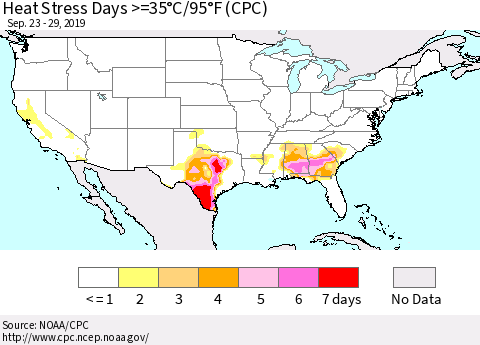United States Heat Stress Days >=35°C/95°F (CPC) Thematic Map For 9/23/2019 - 9/29/2019