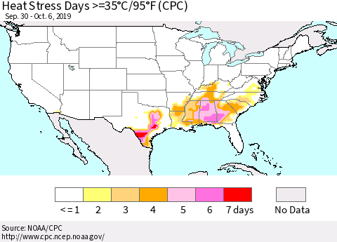 United States Heat Stress Days >=35°C/95°F (CPC) Thematic Map For 9/30/2019 - 10/6/2019