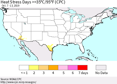 United States Heat Stress Days >=35°C/95°F (CPC) Thematic Map For 10/7/2019 - 10/13/2019