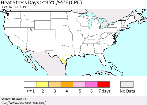 United States Heat Stress Days >=35°C/95°F (CPC) Thematic Map For 10/14/2019 - 10/20/2019