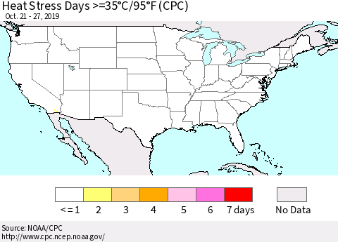 United States Heat Stress Days >=35°C/95°F (CPC) Thematic Map For 10/21/2019 - 10/27/2019