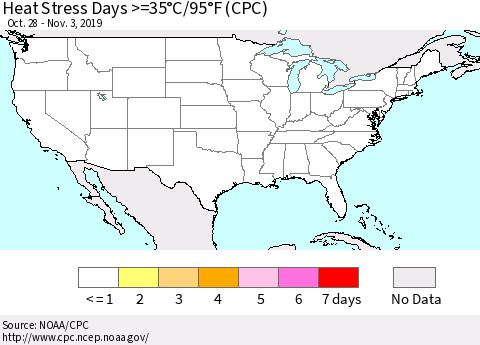 United States Heat Stress Days >=35°C/95°F (CPC) Thematic Map For 10/28/2019 - 11/3/2019