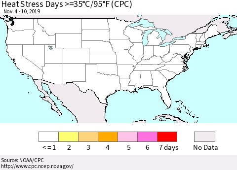United States Heat Stress Days >=35°C/95°F (CPC) Thematic Map For 11/4/2019 - 11/10/2019