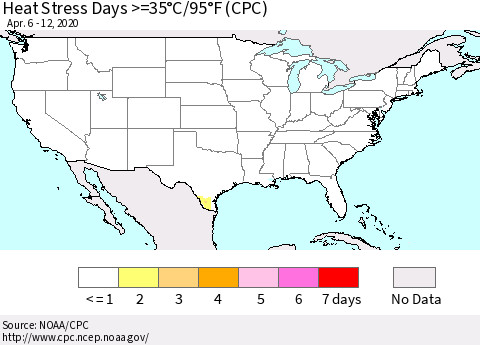 United States Heat Stress Days >=35°C/95°F (CPC) Thematic Map For 4/6/2020 - 4/12/2020
