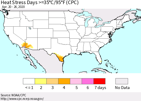 United States Heat Stress Days >=35°C/95°F (CPC) Thematic Map For 4/20/2020 - 4/26/2020