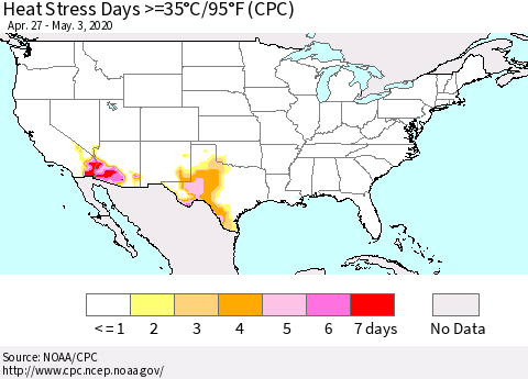 United States Heat Stress Days >=35°C/95°F (CPC) Thematic Map For 4/27/2020 - 5/3/2020