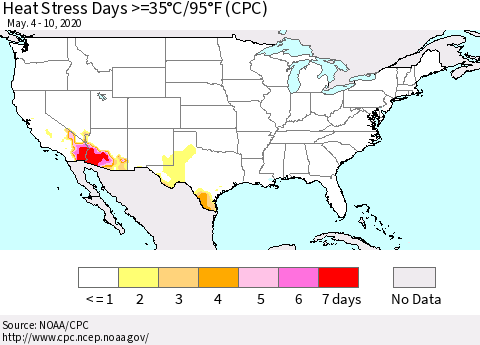 United States Heat Stress Days >=35°C/95°F (CPC) Thematic Map For 5/4/2020 - 5/10/2020