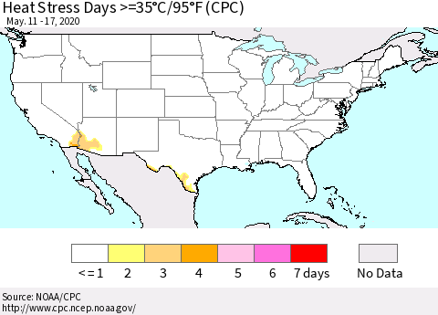 United States Heat Stress Days >=35°C/95°F (CPC) Thematic Map For 5/11/2020 - 5/17/2020