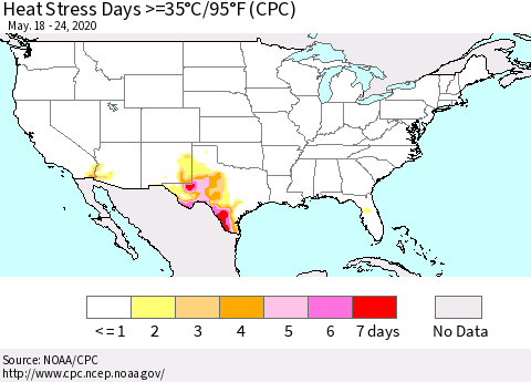 United States Heat Stress Days >=35°C/95°F (CPC) Thematic Map For 5/18/2020 - 5/24/2020